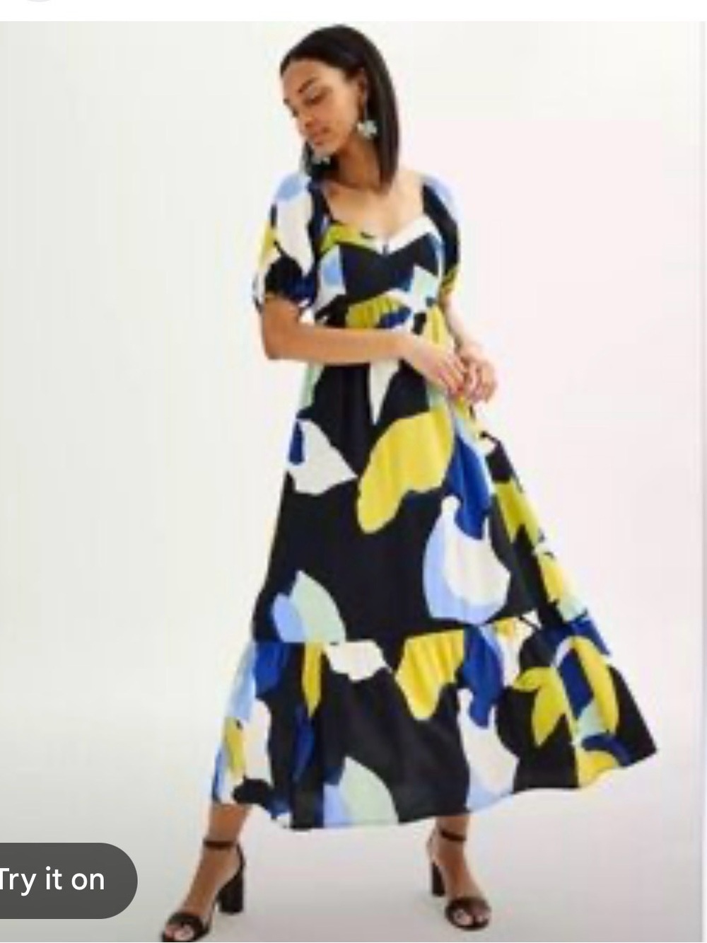 Nine West Abstract Print Puff-Sleeve Maxi Dress in multicolor size XL
